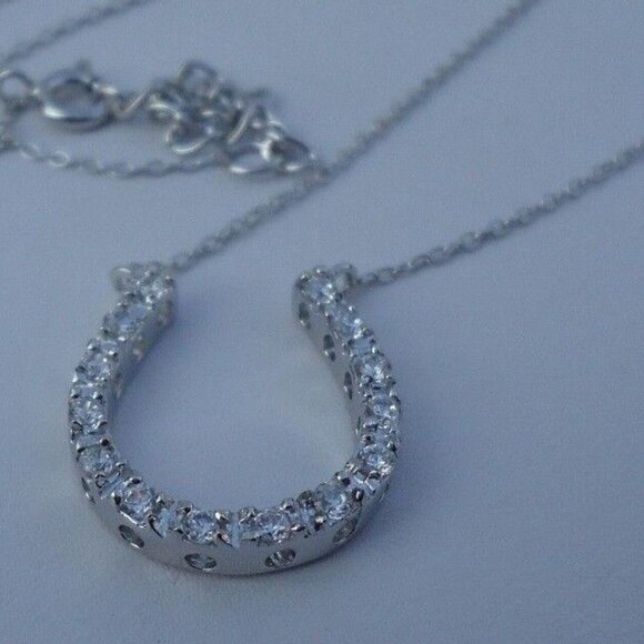 925 STERLING SILVER DESIGNERS "HORSE SHOE"NECKLACE PENDANT SIMULATED DIAMONDS - Picture 4 of 6